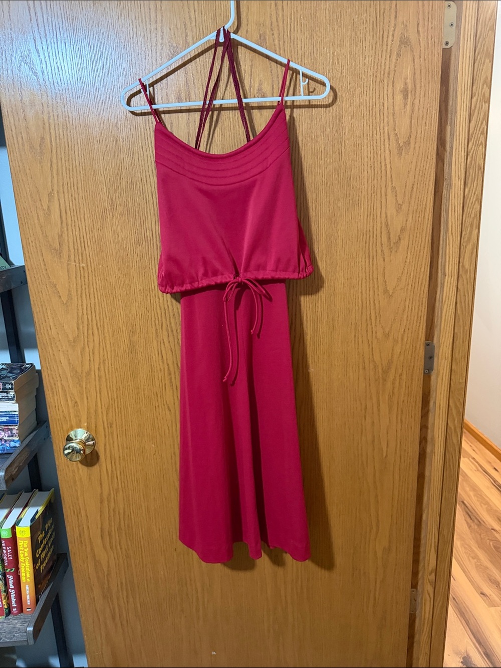 Vintage Red Strappy Midi Dress with Drawstring Waist